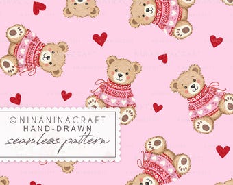 Valentines Teddy Bear Seamless Pattern by NinaNinaCraft: Pink and Red Preppy Valentine's Day Love Hearts (Digital Download)