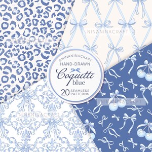 May include: A set of 20 hand-drawn seamless patterns in blue and white. The patterns feature bows, cherries, and damask designs. The text "@ninaninacraft Hand-Drawn Coquette Blue 20 Seamless Patterns" is in a circle.