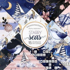 Sternenmeer Seamless Pattern Pack, Glitter Nautical Digital Papers von NinaNinaCraft, Wolken, Blauwal, Sterne, Florale Designs für Stoffe