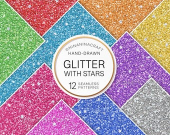 May include: Twelve seamless glitter patterns with stars in various colors, including red, orange, yellow, green, blue, purple, pink, and silver. The patterns are arranged in a grid with a circle in the center that says "@NINANINACRAFT HAND-DRAWN GLITTER WITH STARS 12 SEAMLESS PATTERNS".