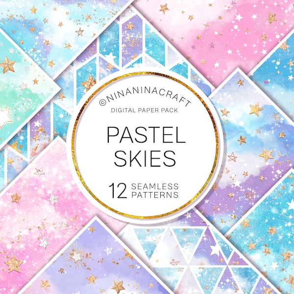 Pastel Galaxy Digital Papers, Stars Seamless Patterns, Gold Glitter Sky Overlay, Cosmic Watercolor, Starry, Sparkle, Space Fabric, Scrapbook