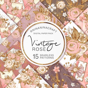 15 Vintage Roses Digital Papers, Flowers Rose Gold Seamless Pattern, Scrapbook Paper, Planner Paper, Floral Chic, Roses Fabric, Gold Glitter