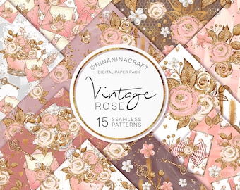 15 Vintage Roses Digital Papers, Flowers Rose Gold Seamless Pattern, Scrapbook Paper, Planner Paper, Floral Chic, Roses Fabric, Gold Glitter