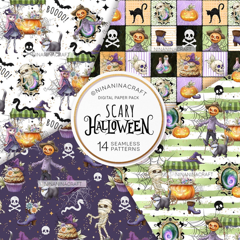 Cute Halloween Seamless Pattern Pack, Spooky Digital Papers by ...
