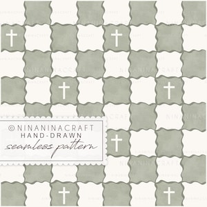 Könnte beinhalten: Ein nahtloses Muster mit einem Schachbrettmuster aus weißen und gedämpften grünen Quadraten. Jedes grüne Quadrat enthält ein weißes Kreuz. Der Text "NINANINACRAFT HAND-DRAWN seamless pattern" befindet sich in einem weißen Rechteck.