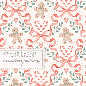 Christmas Gingerbread Man Seamless Pattern by NinaNinaCraft, Trellis Bows Seamless pattern, Seamless Repeat for Commercial Use, Digital