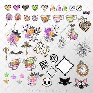 May include: A set of Halloween-themed digital clipart featuring various images, including teacups, bats, a skull, a spiderweb, a clock, candy, hearts, and flowers. The images are in a watercolor style with gold accents.