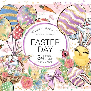 Imágenes prediseñadas de Pascua, huevos de Pascua, imágenes prediseñadas de conejito lindo, pollitos de Pascua digitales, pegatinas de planificador de pasteles, brillo de flores de primavera, abeja, orejas, zanahoria