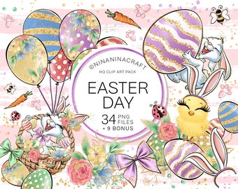 May include: A set of 34 Easter-themed digital clipart images featuring bunnies, chicks, eggs, flowers, and other spring elements. The images are in a watercolor style with gold glitter accents. The text "Easter Day" is featured in the center of the image.