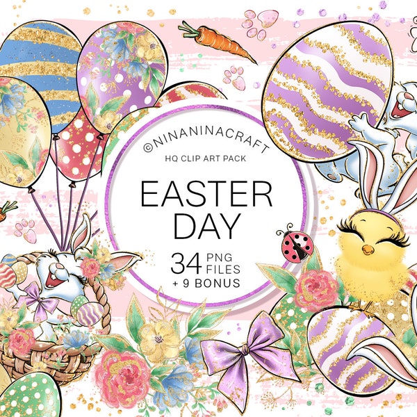 Easter Clip Art, Easter Eggs, Cute Bunny Clipart, Easter Chicks Digital, Pastel Planner Stickers, Spring Flowers Glitter, Bee, Ears, Carrot