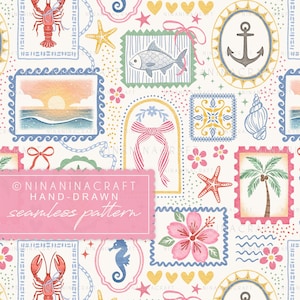 May include: A hand-drawn seamless pattern with nautical and tropical motifs. The design incorporates stamps with a lobster, seahorse, fish, sunset, anchor, palm tree, and flowers in pastel shades. The text "NINANINACRAFT HAND-DRAWN seamless pattern" is visible.