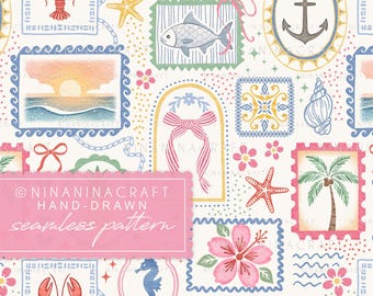 Patrón sin costuras Preppy Summer Frames de NinaNinaCraft: Archivo de patchwork playero vintage (descarga digital)