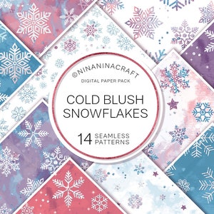 Watercolor Snowflakes Digital Papers, Blush and Blue Seamless Patterns, Glitter Snow Winter, Ice Crystals Fabric, Scrapbook Planner, Sparkle