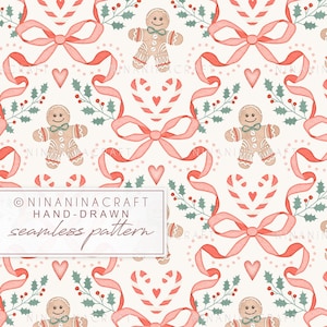 May include: A hand-drawn seamless pattern featuring gingerbread men, bows, hearts, and holly sprigs in a repeating design. The color palette includes red, pink, and green elements on a cream background. The text "NINANINACRAFT" is visible.