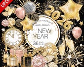 New Year Clipart, New Year's Planner Stickers, Party Clip Art, Gold Glitter Fabric PNG's, Champagne, Glasses, Peonies, Balloons, Clock, Star