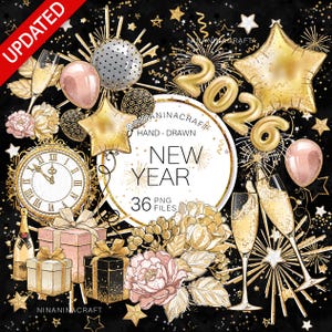 New Year Clipart, New Year&#39;s Planner Stickers, Party Clip Art, Gold Glitter Fabric PNG&#39;s, Champagne, Glasses, Peonies, Balloons, Clock, Star