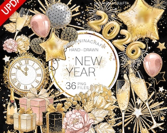New Year Clipart, New Year&#39;s Planner Stickers, Party Clip Art, Gold Glitter Fabric PNG&#39;s, Champagne, Glasses, Peonies, Balloons, Clock, Star