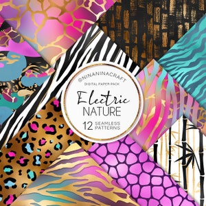 Pack de papier numérique Electric Nature, motifs sans couture, imprimés animaliers avec détails dorés, art déco par NinaNinaCraft, rayures, imprimé guépard