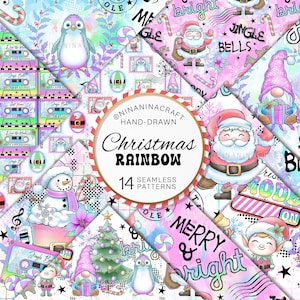 May include: A set of 14 digital seamless patterns featuring a Christmas theme with a rainbow color palette. The patterns include illustrations of Santa Claus, penguins, snowmen, gnomes, elves, candy canes, and Christmas trees. The patterns are perfect for creating festive crafts, wrapping paper, and other holiday projects.