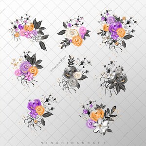 Halloween Flowers Clip Art Pack, Cute Planner Stickers, Skull, Bat Clipart, Web, Cobweb, Orange, Black, Purple PNG Pack image 3