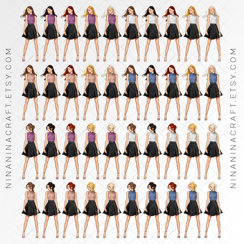 Pu&ograve; includere: Un set di 40 illustrazioni digitali di donne che indossano gonne nere e top di vari colori. Le donne hanno diversi colori e stili di capelli. Le illustrazioni sono perfette per creare prodotti digitali come planner, adesivi e grafica per i social media.