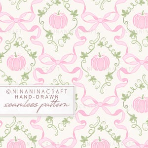 Pink Pumpkin and Trellis Bows Halloween Seamless Pattern by NinaNinaCraft, Preppy Fall Hand Drawn Repeat File for Commercial Use