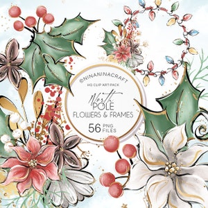 Christmas Flowers and Frames Clip Art, Cute Poinsettia Clipart, Digital Planner Stickers by NinaNinaCraft, Candy Cane, Mistletoe