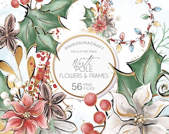 Christmas Flowers and Frames Clip Art, Cute Poinsettia Clipart, Digital Planner Stickers by NinaNinaCraft, Candy Cane, Mistletoe