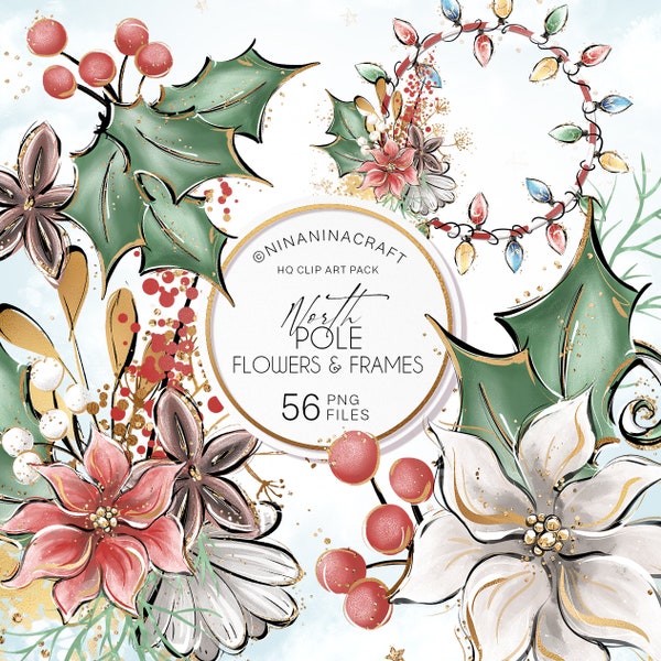 Fleurs et cadres de Noël Clip Art, Cute Poinsettia Clipart, Autocollants de planificateur numérique par NinaNinaCraft, Candy Cane, GUI