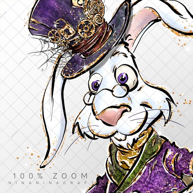 May include: A white rabbit wearing a purple and gold steampunk hat with gears and a spiderweb design. The rabbit has round glasses and a purple and green vest.