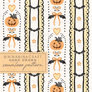 May include: A seamless pattern featuring vertical columns of orange jack-o'-lanterns, black bats, peach-colored bows, hearts, and small orange flowers on a cream background. A rectangular label reads: © NINANINACRAFT HAND-DRAWN seamless pattern.