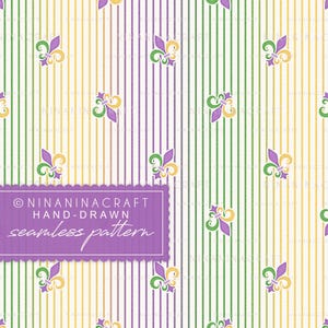 May include: Seamless pattern with vertical stripes in green, purple, and yellow, featuring fleur-de-lis symbols. The design includes the text "NINANINACRAFT HAND-DRAWN seamless pattern" in a purple rectangular frame.