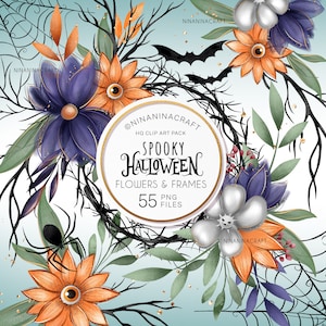 May include: A digital clip art pack of 55 spooky Halloween themed illustrations. The illustrations include flowers, frames, bats, spiders, and other Halloween elements. The illustrations are in a watercolor style and feature a variety of colors, including purple, orange, black, and white.