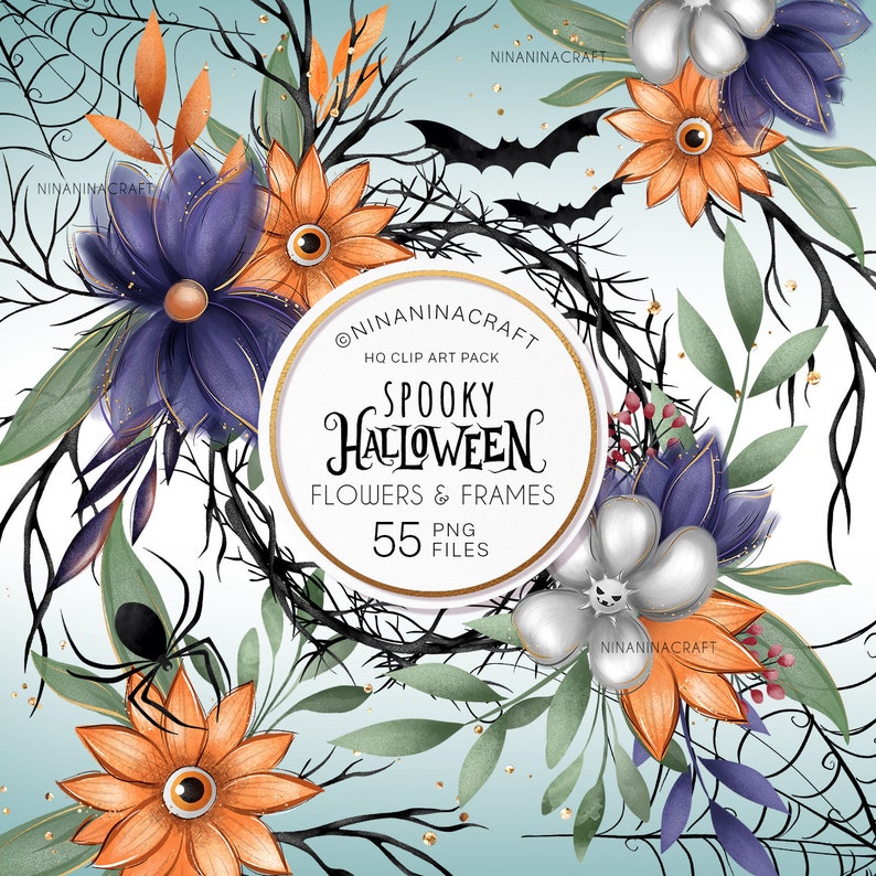 May include: A digital clip art pack of 55 spooky Halloween themed illustrations. The illustrations include flowers, frames, bats, spiders, and other Halloween elements. The illustrations are in a watercolor style and feature a variety of colors, including purple, orange, black, and white.