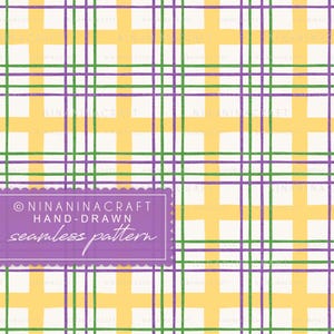 May include: A seamless pattern with a grid design. The pattern features yellow, green, and purple lines on a white background. The text "NINANINACRAFT HAND-DRAWN seamless pattern" is in a purple rectangle.