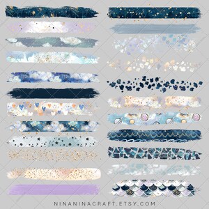 May include: A set of 18 digital watercolor brush borders featuring a variety of celestial and nautical themes. The borders include stars, clouds, hearts, planets, seashells, and more. The colors are mostly blue, white, and gold.