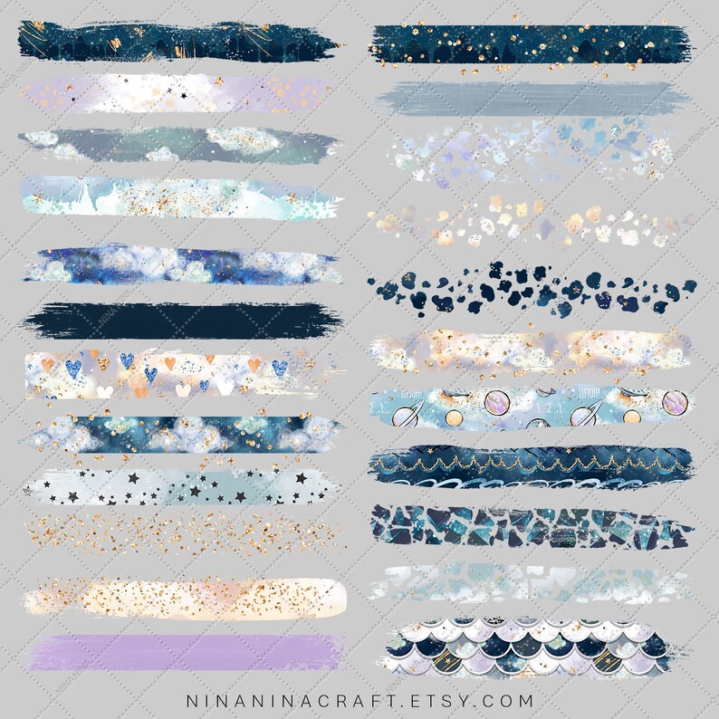 May include: A set of 18 digital watercolor brush borders featuring a variety of celestial and nautical themes. The borders include stars, clouds, hearts, planets, seashells, and more. The colors are mostly blue, white, and gold.