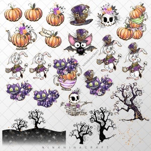 May include: A set of Halloween themed digital clipart featuring pumpkins, a bat, a skeleton, a teacup with a cat, a rabbit, and trees. The clipart is in a whimsical style with a purple and gold color scheme.