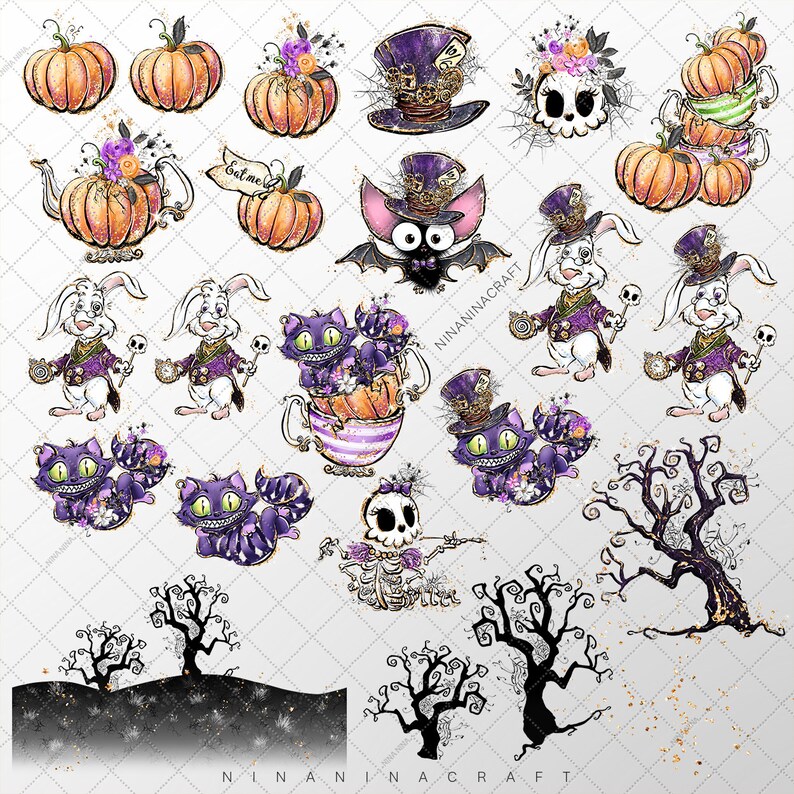 May include: A set of Halloween themed digital clipart featuring pumpkins, a bat, a skeleton, a teacup with a cat, a rabbit, and trees. The clipart is in a whimsical style with a purple and gold color scheme.