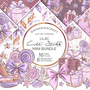May include: Lilac and gold digital paper pack with 16 PNG files and 8 seamless patterns. The patterns feature bows, stars, hearts, lollipops, shoes, and gift boxes.
