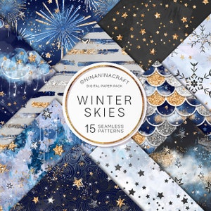 Papeles digitales Winter Skies, Patrones sin costuras de la noche de invierno por NinaNinaCraft, Azul-Oro, Estrellas, Cielo, Nubes, Brillo, Copos de nieve, Fuegos artificiales