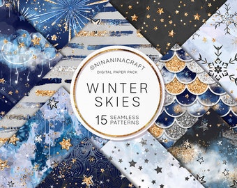 Winter Skies Digital Papers, Winter Night Seamless Patterns by NinaNinaCraft, Blue-Gold, Stars, Sky, Clouds, Sparkle, Snowflakes, Fireworks
