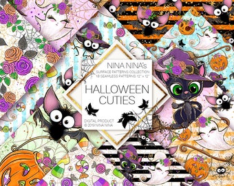 Cute Halloween Digital Papers, Halloween Seamless Patterns, Spooky Fabric Patterns, Cute Bat, Cat, Spider, Candy, Glitter Witch Hat Planner