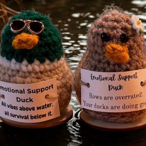 Peut inclure: Deux canards en crochet faits à la main, l'un avec des lunettes de soleil et l'autre avec une fleur. Chaque canard porte une étiquette indiquant "Emotional Support Duck". L'une dit "All vibes above water, all survival below it". L'autre dit "Rows are overrated! Your ducks are doing great!"