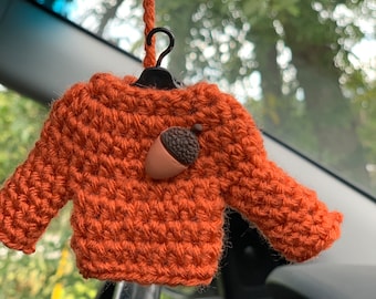 Sweater Weather crochet car hanger / car accessory / bling auto charm / so cute! Tiny Sweater decor