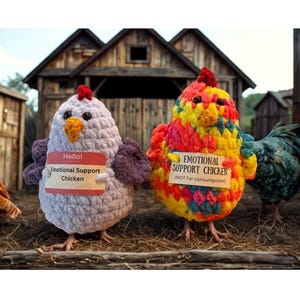 以下が含まれることがあります： 「Emotional Support Chicken」と書かれたネームタグが付いた、手作りのかぎ針編みの鶏2羽。1つは紫色の羽を持つラベンダー色、もう1つはマルチカラーです。背景には素朴な木造の納屋と他の鶏が写っています。