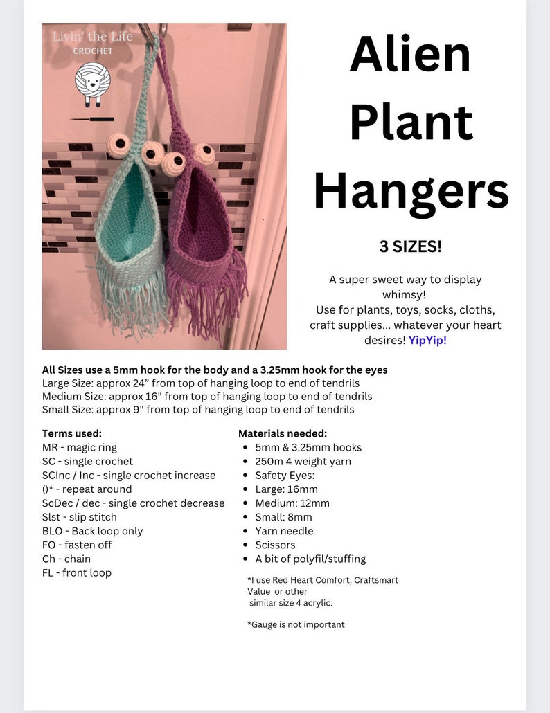 3 sizes PDF PATTERN BUNDLE Crochet Alien Plant Hanger image 3