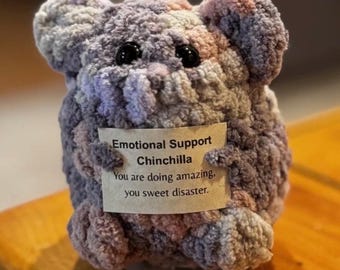 May include: A plush chinchilla in shades of gray, pink, and purple, with black button eyes. It holds a tag that reads "Emotional Support Chinchilla. You are doing amazing, you sweet disaster." The text "PDF PATTERN" is at the top.