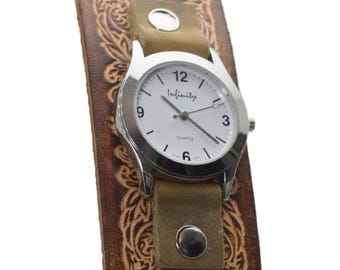 Bracelet montre manchette en cuir fait main : style Art déco antique