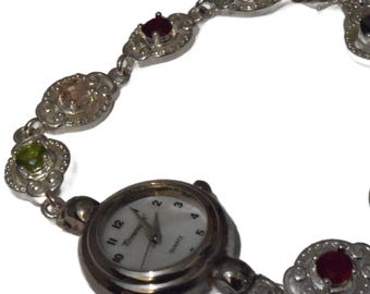 SILVER 925 BRACELET With Color stones Round case Analog Quartz Battery Watch